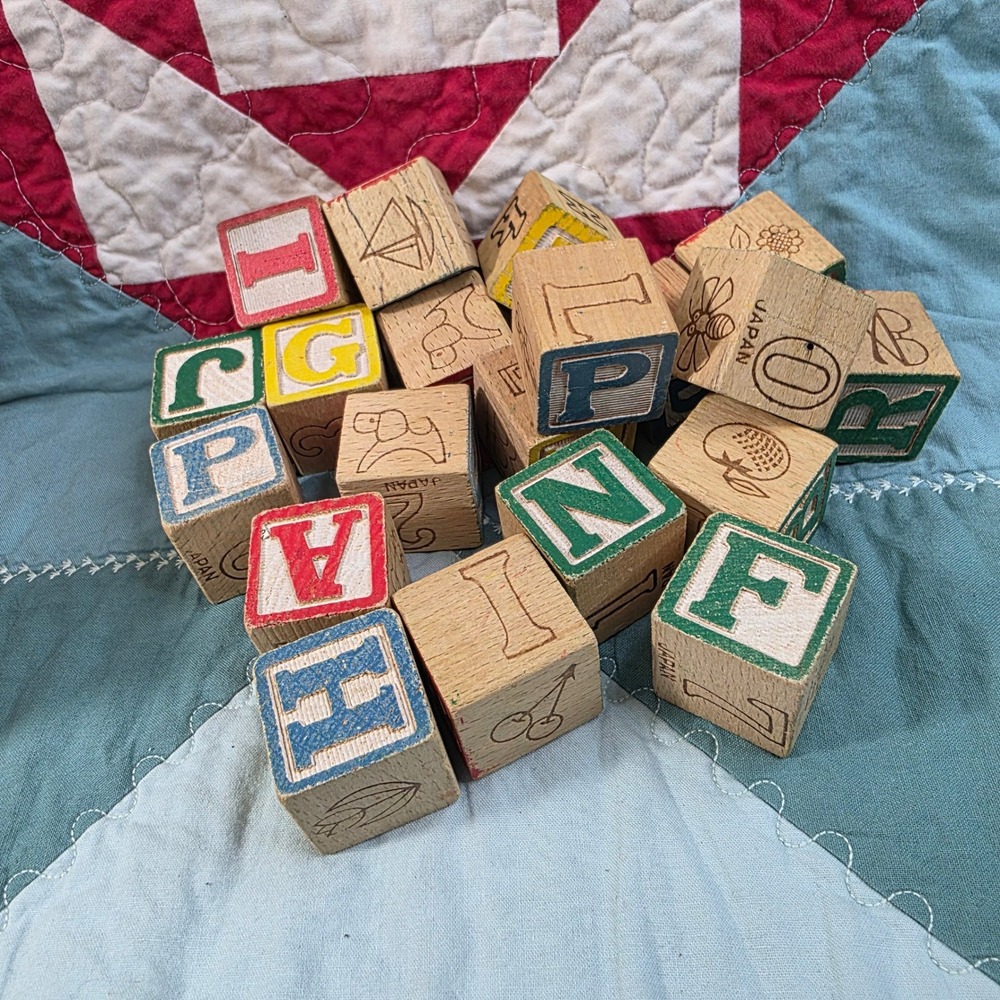 Vintage Wooden Alphabet Blocks Set 20 Pieces Made in Japan ABC Numbers Animals
